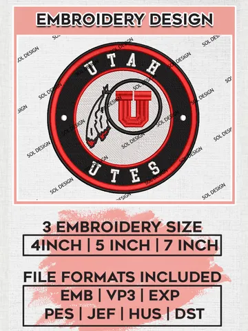 NCAA Utah Utes Round Logo Embroidery, NCAA Utah Utes Embroidery Design files, NCAA Teams, NCAA Machine embroidery designs, Digital Download
