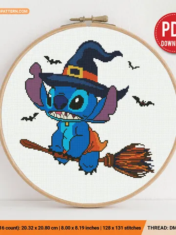 Lilo and Stitch Witch cross stitch pattern Halloween Hawaii nursery decor beginner counted modern chart gift DIY embroidery instant PDF $4.60