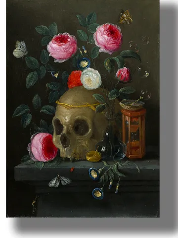Human skull with a bouquet of cut flowers, hourglass, soap bubbles and other signs of mortality. $21.00