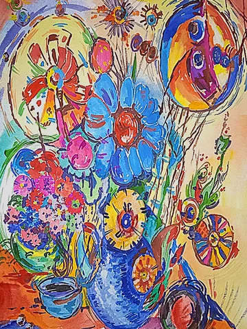 Kandinsky Flowers Style Original Art Abstract Painting Floral Wall Art Still Life Artwork 16 by 11 Above Sofa Art by TatianaArtShop