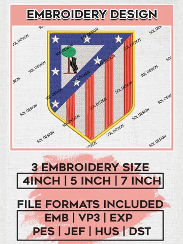 Atlético Madrid Embroidery Design Files, La Liga Embroidery files, La Liga Atlético Madrid Teams, Football, Digital Download $6.99