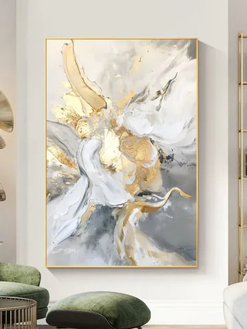 Hand-Painted Abstract Oil Painting | Modern Wall Art with Gold and Gray Accents | Elegant White and Silver Home Decor for Living Room $119.67