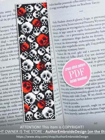 Gothic bookmark cross stitch pattern download PDF Spooky handmade bookmark pattern Halloween skulls cross stitch chart Gothic ornament #B108 $4.40