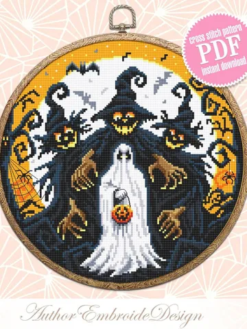 Scary Halloween cross stitch pattern PDF download Spooky ghost cross stitch chart Happy Halloween night, Halloween witch embroidery PDF #H61 $4.60