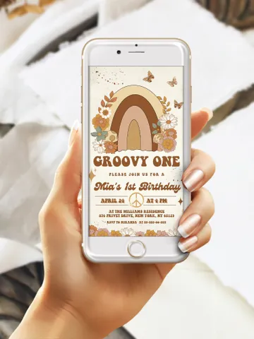Groovy One Baby Editable Any Age Pink Groovy Van Daisy Rainbow Hippie Birthday Invitation Let's get Groovy 1st Birthday Invitation ; gr5 $12.78