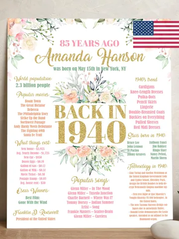 85th Birthday Poster, 85th Floral Birthday, Back in 1940, 85th Birthday Decoration, 85th Birthday Gift, born in 1940 Birthday Poster $15.00