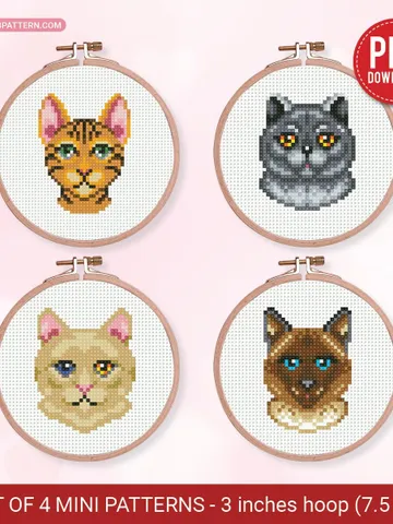 Bundle of 4 mini breed cat Cross stitch pattern, kitten, animals, beginner counted, modern chart, gift DIY, embroidery, instant PDF $7.11
