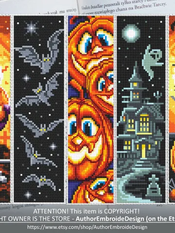 Halloween bookmark set cross stitch pattern PDF download Halloween pumpkin cross stitch, Bookmark pattern digital PDF, Black cat, Bat #B235 $17.45