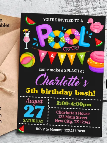 Pool Party Birthday Invitation Girl, Pool Party Invitation Instant Download, Swimming Party Invite, Editable Template $7.00