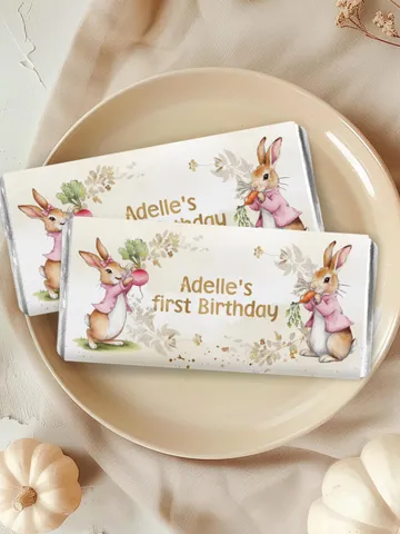 Editable Chocolate Bar wrap Label template for 1st Baby Birthday party in Peter Rabbit style instant download and unlimited access pr777 $10.45
