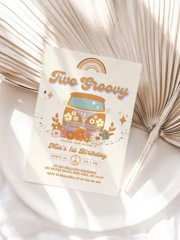 Two Groovy Editable Any Age Pink Groovy Van Daisy Rainbow Hippie Birthday Invitation Let's get Groovy 1st Birthday Invitation Template; gr1 $12.78
