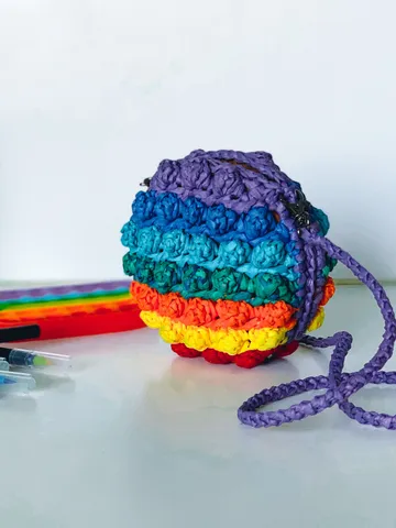 Kids bag pop-it with raffia yarn, toddler purse, crochet bag, boho hip bag, puff pouch (popit not included) $69.00