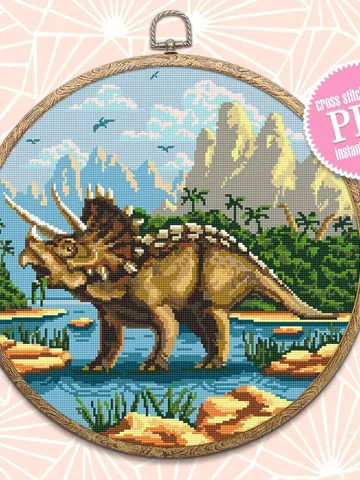 Dinosaur Triceratops cross stitch pattern download PDF Ancient animal cross stitch chart, Dinosaur world cross stitch Mountain landscape #D2 $4.70