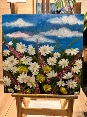 Oil Painting of Daisies Spring Plants Flowers Blooming Meadow Wall Decor Nature Floral Art Canvas on Cardboard 12x12 inches 30x30 cm Gift for Her $150.00
