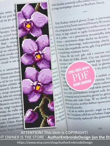 Flower bookmark orchid cross stitch pattern download PDF Modern handmade bookmark digital PDF Purple orchid gifts Bookmarks for women #B61 $4.40