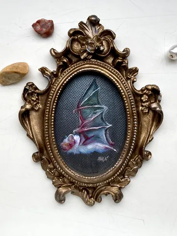 Bat Painting Original Framed Small Oil Painting Gold Frame $80.00
