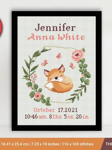 Fox Birth announcement cross stitch pattern, baby, personalized, boy girl nursery decor, counted, chart, gift DIY, embroidery, instant PDF $6.80