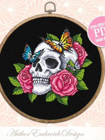 Human skull with flowers cross stitch pattern PDF download Gothic cross stitch chart, Day of the dead, Floral skull embroidery PDF #H59 $4.70