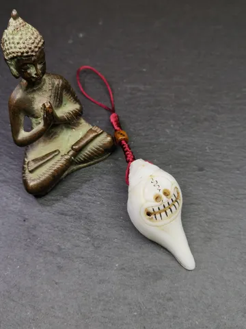 Gandhanra Tibetan Buddhism Amulet,Hand Carved White Conch Shell Shankha with Skull Citipati Symbol,Tibetan Ritual Implement - 2.36" × 1.18" $89.99