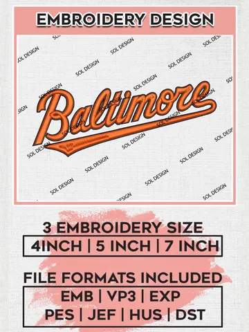 MLB Baltimore Wordmark Logo Embroidery Files, MLB Baltimore Orioles Team Embroidery, MLB Teams, 3 sizes, MLB Machine embroidery designs, Digital Download $6.99