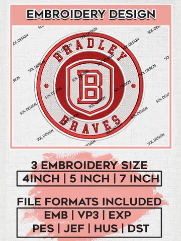 NCAA Bradley Braves Round Logo Embroidery, NCAA Bradley Braves Logo Embroidery files, NCAA Teams, Machine embroidery designs, Digital Download $6.99