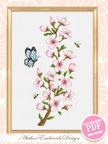 Cherry blossom branch cross stitch pattern PDF download Spring flowers cross stitch chart, Floral pattern digital PDF, Sakura blossom #P54 $4.50