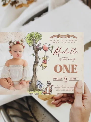 Add Photo First Birthday Invite; Winnie Pooh Baby Birthday Invitation template; Winnie the Pooh Inspired birthday party invitation editable $12.78
