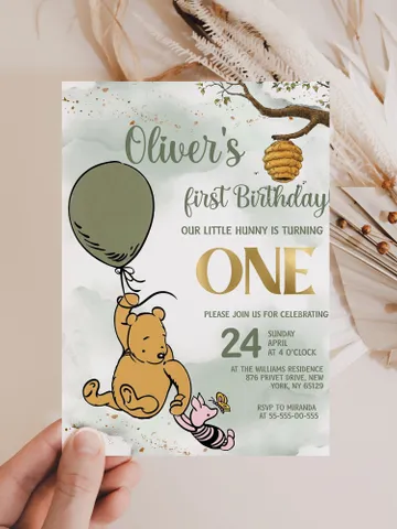 Classic Winnie Pooh Baby Birthday Invitation; Winnie Pooh Baby Birthday ; Greenery Baby Birthday; Honey Bear Birthday; Winnie Pooh wp2 $12.78