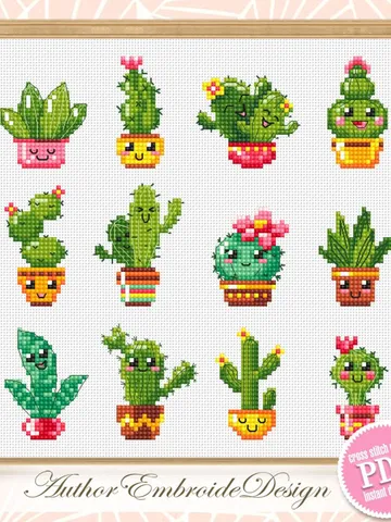 Kawaii cactus cross stitch pattern PDF download Funny succulent plants cross stitch chart, Cactus pattern digital PDF, Plant lover gift #P48 $4.60
