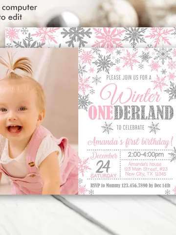 Winter Onederland Invitation Girl 1st Birthday Invitation, Winter Wonderland Birthday Invitation, First Birthday Snowflake Editable Template $7.00