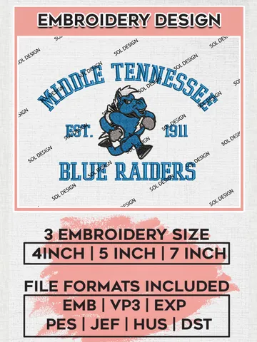 Middle Tennessee Blue Raiders Est 1911 Embroidery Designs, NCAA Middle Tennessee Blue Raiders Team Embroidery, NCAA Team Logo, 3 sizes, Machine embroidery Files, Digital Download $6.99