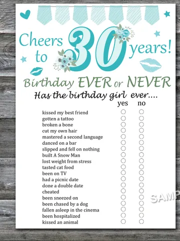 30th Birthday ever or never game,Adult Birthday party game-fun games for her-Instant download $1.50
