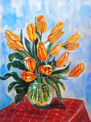 Tulips Art Floral Original Oil Painting Impasto Oil on Canvas $150.00