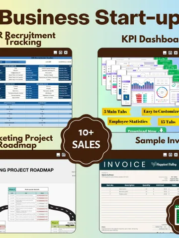 Business Startup Bundle | HR Recruitment Tracker, KPI Dashboard, Marketing Project Roadmap, Sample Invoice | Google Sheets Templates $12.90