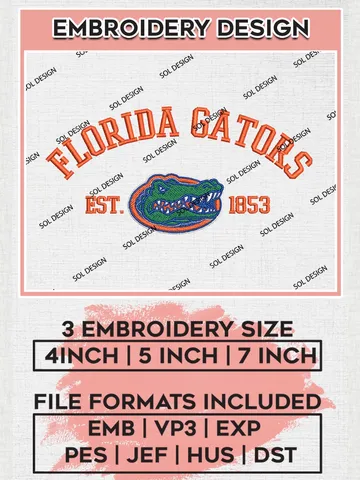 Florida Gators Est 1853 Logo Embroidery Designs, NCAA Florida Gators Team Embroidery, NCAA Team Logo, 3 sizes, Machine embroidery Files, Digital Download $6.99