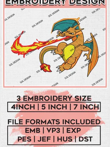 Nike Charizard Pokemon Embroidery, Charizard Swoosh Anime Embroidery, Embroidery Design File, Digital Download EMB_ANIME_143