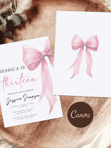 Tween Pink Bow 13th Birthday, Coquette 13th Birthday Invitation, Canva Pink Template, Editable Digital Invite, Trendy Girl Birthday Party $8.00