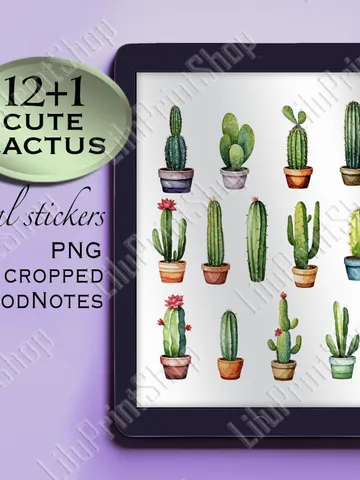 Cactus Digital Stickers for GoodNotes, 13 GoodNotes Planner Stickers, pre cropped cute floral Digital Sticker Pack, Stickers for iPad, png $2.44
