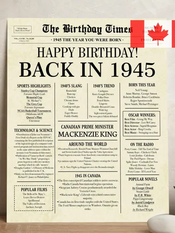 Back in 1945 Canada Birthday Poster, 80th Birthday Newspaper Sign Canadian Edition, Born in 1945, Printable 80 Years Ago Gift Decor $7.00