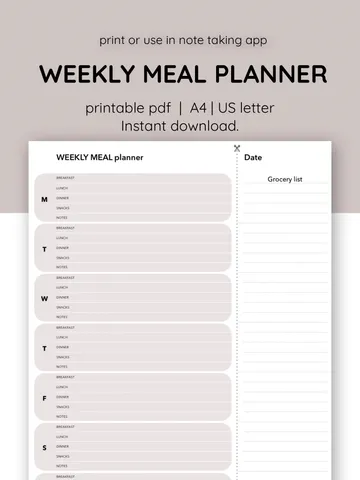 Weekyl meal planner. Grocery list. Family budget. Weekly menu. Menu planner sheet. Household planner. $1.00