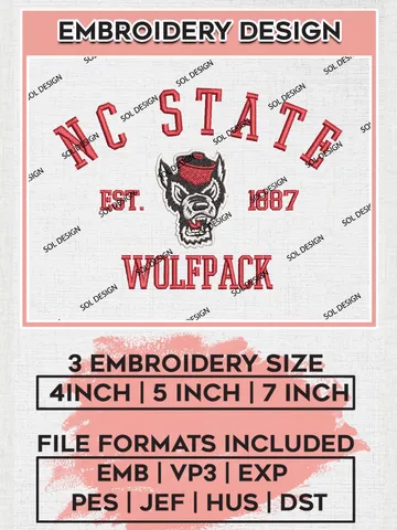 NC State Wolfpack Est 1887 Embroidery Designs, NCAA NC State Wolfpack Team Embroidery, NCAA Team Logo, 3 sizes, Machine embroidery Files, Digital Download $6.99