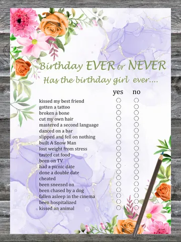 Pink Flowers Birthday ever or never game,Adult Birthday party game-fun games for her-Instant download $1.75