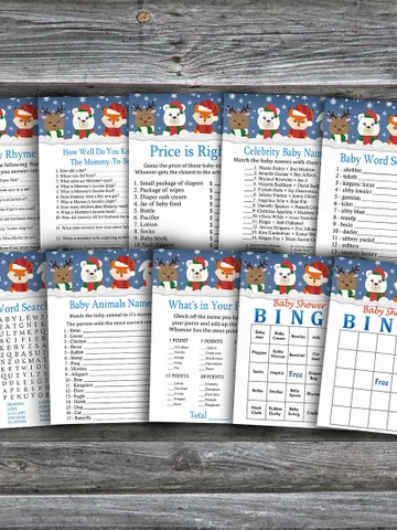 Cute Winter animals baby shower games bundle,Christmas Baby Shower games package,Fun Baby Shower Games,9 Printable Games $5.95