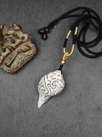 Gandhanra Tibetan Amulet,Hand Carved White Conch Shell Shankha Pendant,Tibetan Ritual Implement,Spiritual Gift - 1.8" × 1.0" $89.99