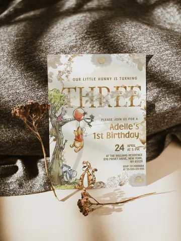 3rd Birthday Winnie the Pooh Inspired ; Classic Winnie Pooh Invitations; Neutral Winnie Pooh Turning three; Winnie Pooh Birthday Party poom88 $3.00
