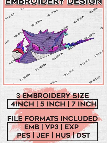 Nike Gengar Embroidery Design, Pokemon Embroidery Files, Anime Character Machine Embroidery Digital Download EMB_ANIME_149