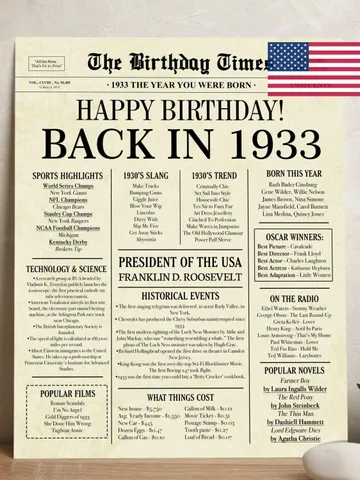 1933 poster, 92nd birthday newspaper sign, 1933 birthday poster INSTANT DOWNLOAD, 92 years ago back in 1933, 92nd birthday decorations $7.00