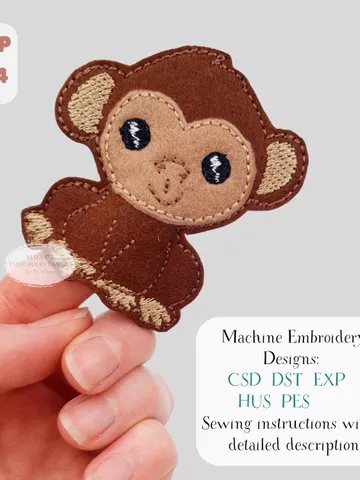 Monkey Finger Puppet ITH Embroidery Design, Cute Felt Jungle Animal Pattern, Safari Toy File, Digital Download $5.00
