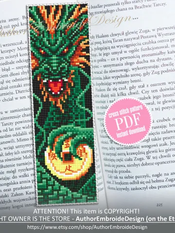Dragon bookmark cross stitch pattern PDF download Fantasy green dragon cross stitch chart, Chinese dragon pattern, Chinese New Year #B273 $4.40