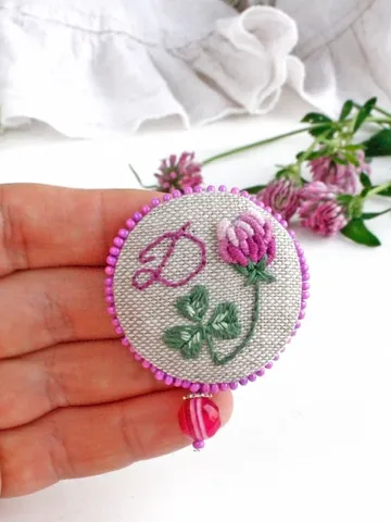 Pink three leaf clover brooch for women Personalized boho brooch with letter Botanical floral brooch with agate Handmade linen cloth jewelry $35.00